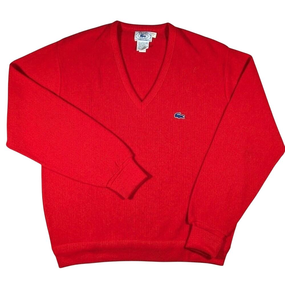 Vintage Izod Lacoste Red Wool V Neck Sweater 80s Grandpa Men’s - Medium